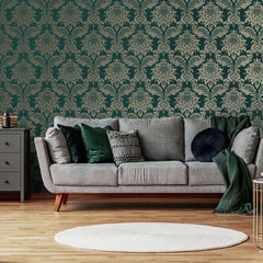 Archive Damask Teal & Gold Wallpaper - Fantastick